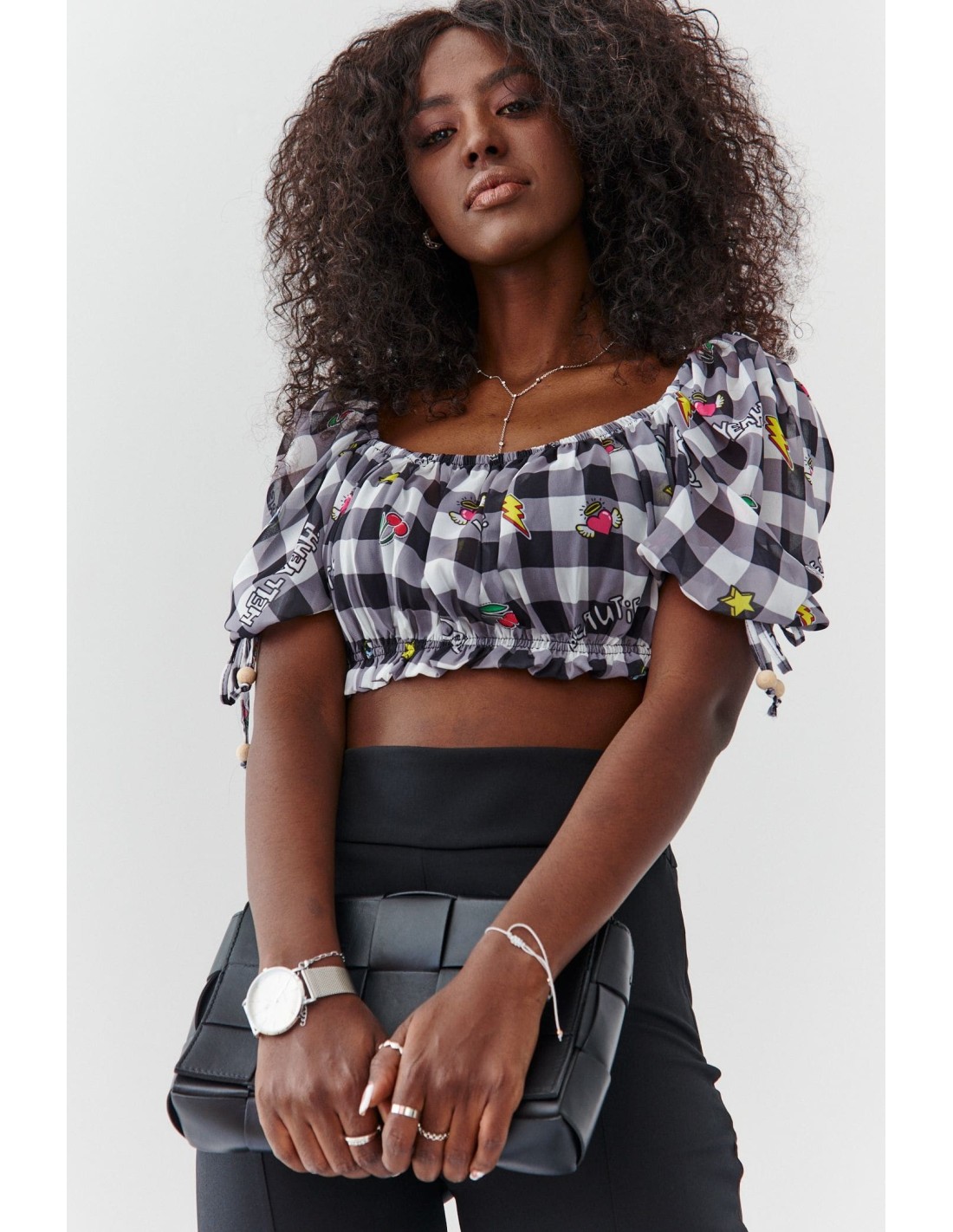 Checkered summer top with short sleeves, black 02050 - Online store - Boutique